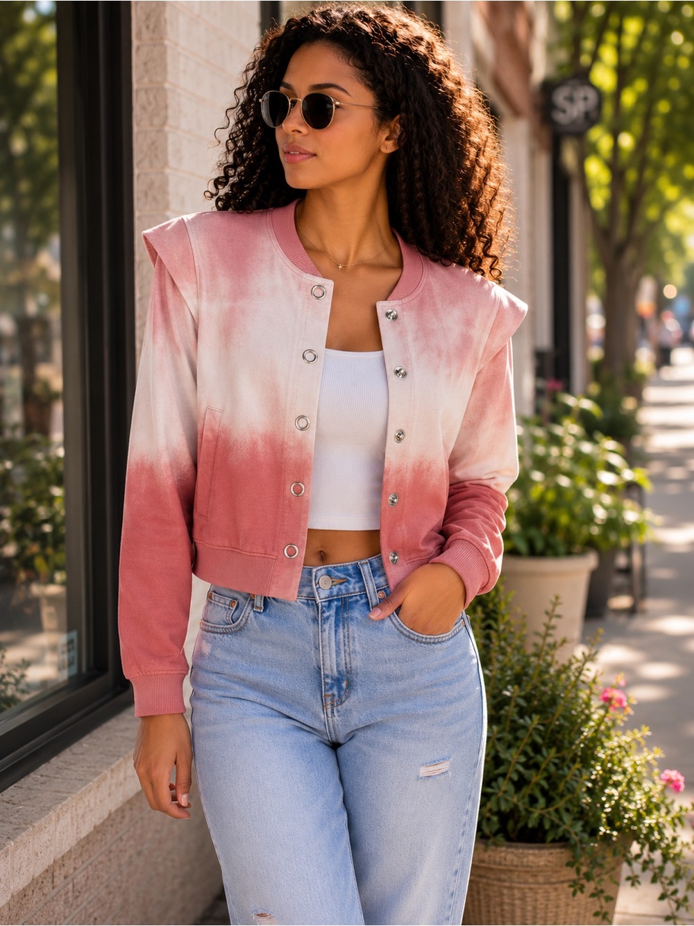 525 America Pink Ombre Tie Dye Cropped Snap Front Cardigan Jacket NWT M